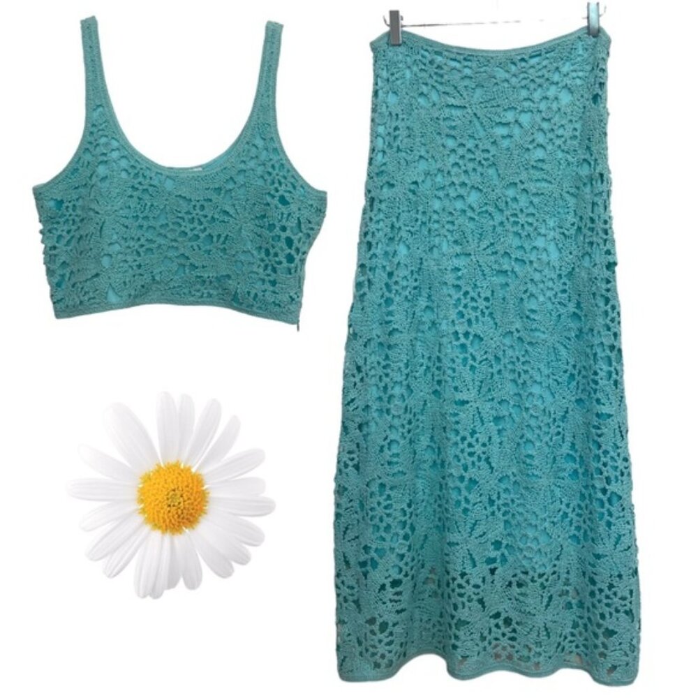 NWT House Of Harlow 1960 2pc Set Aqua Crochet Knit Crop Top + Midi Skirt Size S